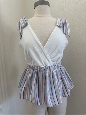 Anthropologie Dolan Left Coast Collection White & Striped V-neck Peplum Tank Top